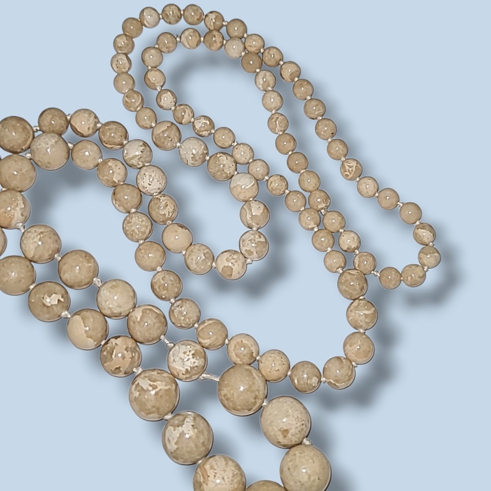 Vintage Hand Tied Polished Beige Jasper Graduated Bead Necklace 36"